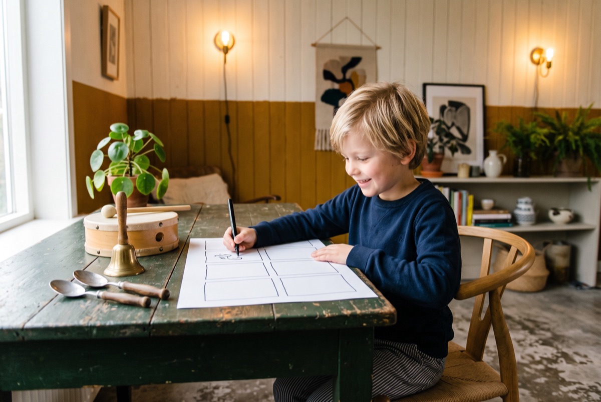 Ollie's eigen compositie op een kaart vol geluidjes