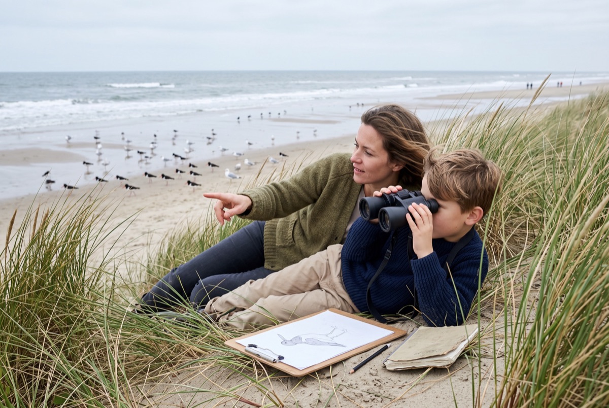 Vogels kijken op het strand